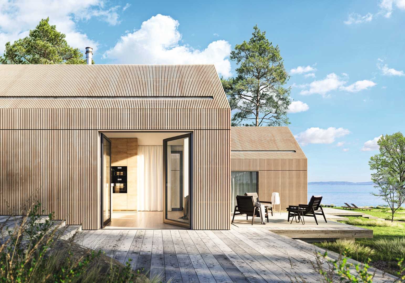 Warm wooden facade cladding and tone-on-tone window frames create a perfect balance between naturalness and modern architecture.