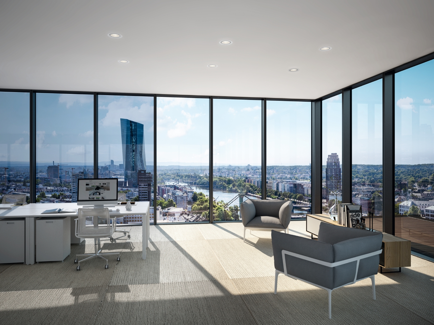 large windows on a high-rise building - office, view from interior outward